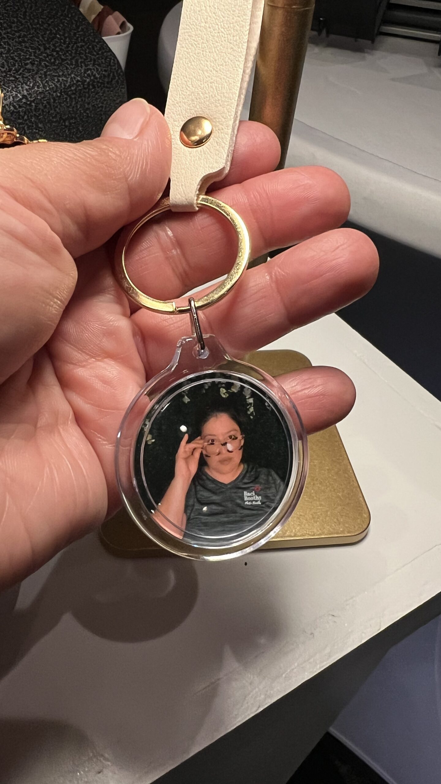 Custom photo booth keychain with vegan leather strap